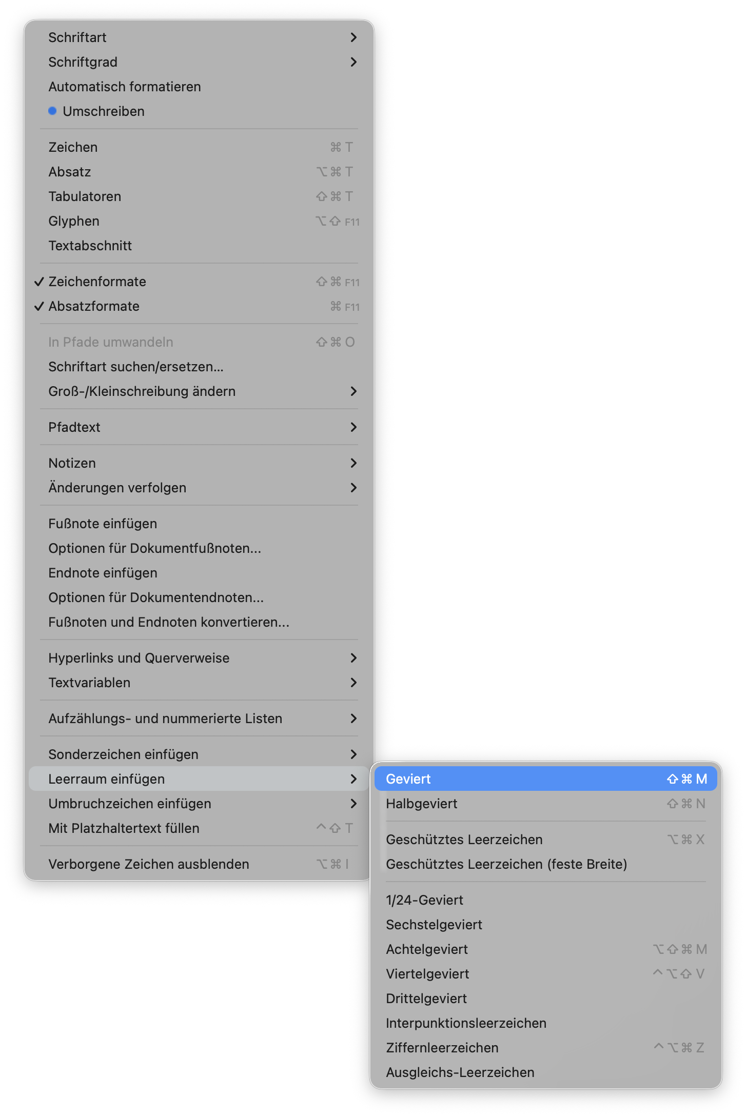 InDesign-Menü Leerräume mit Geviert, Halbgeviert und weiteren Leerraumzeichen
